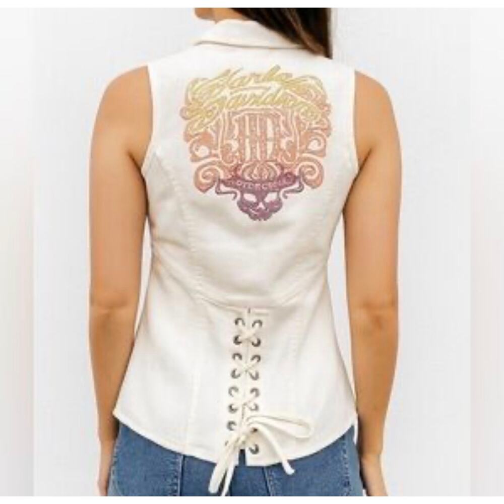 VTG Women’s Harley Davidson Cream Vest w/ Bedazzled Logo /Corset Lace Back